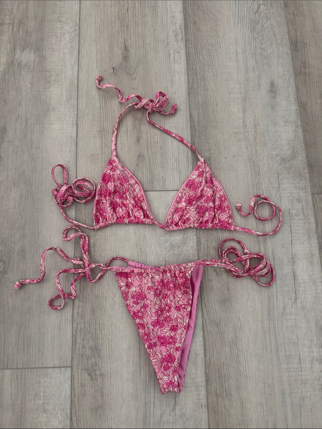 Frankie's Bikinis Pink Floral-Trim Triangle Bikini